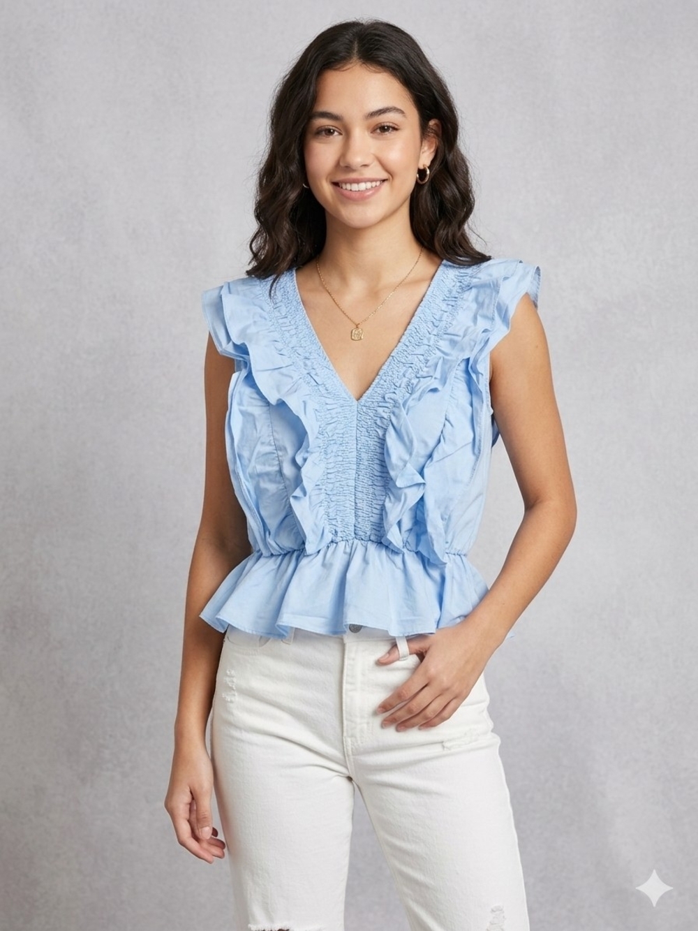 Strut & Bolt Baby Blue Ruffle Smocked Tiered Peplum V-Neck Top Small S